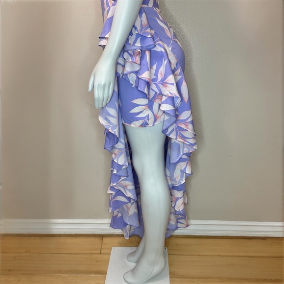 Purple pink asymmetrical hem with ruffles cutout maxi dress - Picture 8 of 11